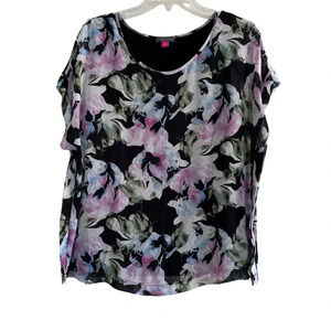 Vince Camuto Floral Top Blouse Short Sleeve Drop Shoulder Pink Blue Black M
